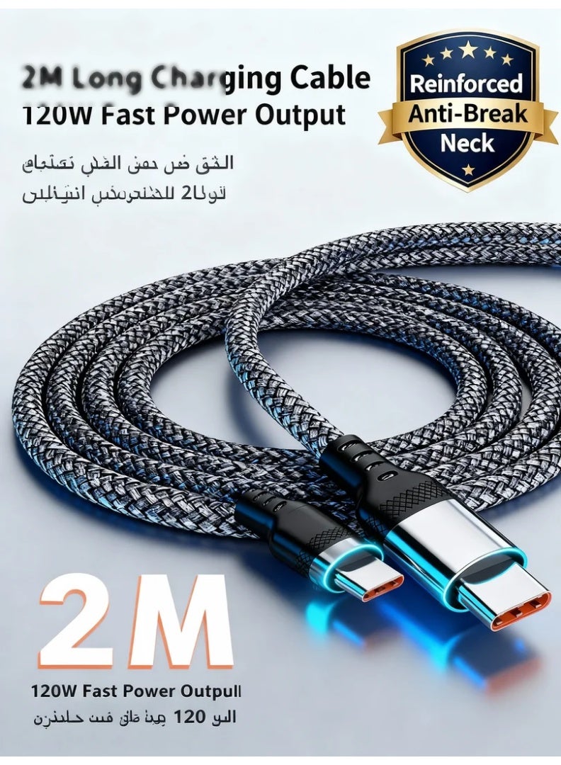 وبوت جي سي سي كابل شحن USB-C سريع بقوة 120W وتيار 6A | سلك شحن سريع بطول 2 متر مع تصميم نايلون مضفر متين ومقاوم للانثناء | كابل Type-C طويل يدعم شحن PD/QC عالي السرعة ونقل البيانات بسرعة لجميع هواتف وأجهزة USB-C مثل الأجهزة اللوحية وبنوك الطاقة والشواحن المنزلية والسيارة - Image 4